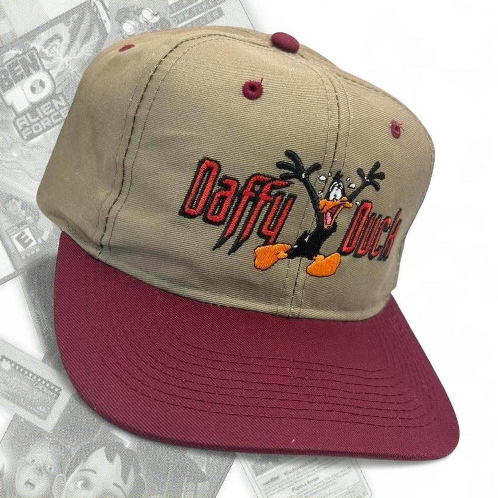 Vintage 90s Looney Tunes Daffy Duck Graphic Embroidered Snapback Hat Tan